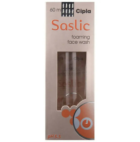 Packaging of Cipla Saslic Foaming Face Wash with a clear window showing the product bottle inside. The package is primarily white with orange accents and black text, indicating it is a skincare product.