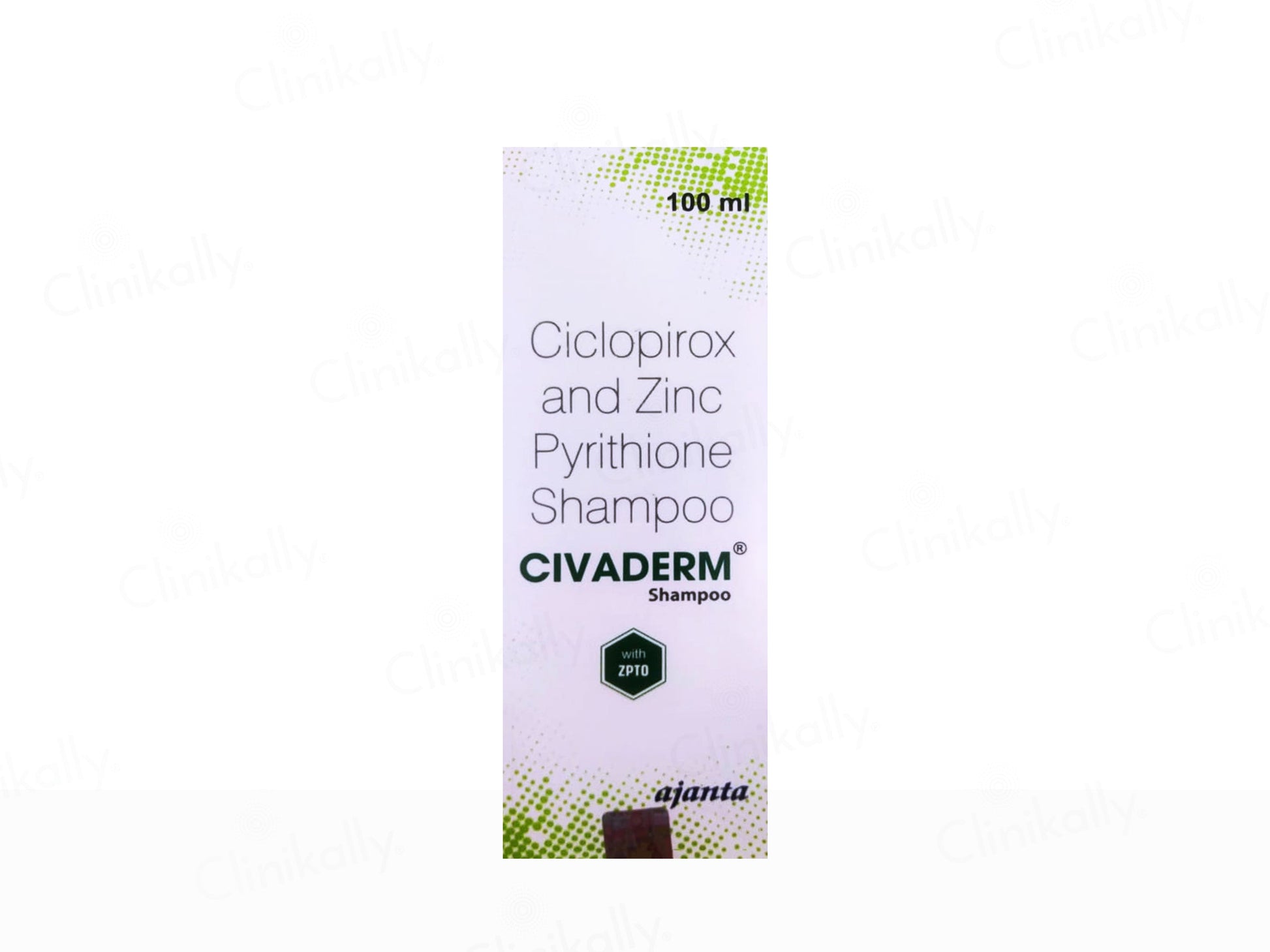 Civaderm shampoo packaging with Ciclopirox and Zinc Pyrithione on a white background