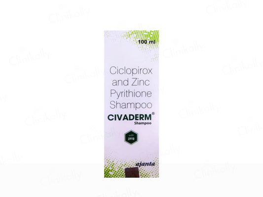 Civaderm shampoo packaging with Ciclopirox and Zinc Pyrithione on a white background