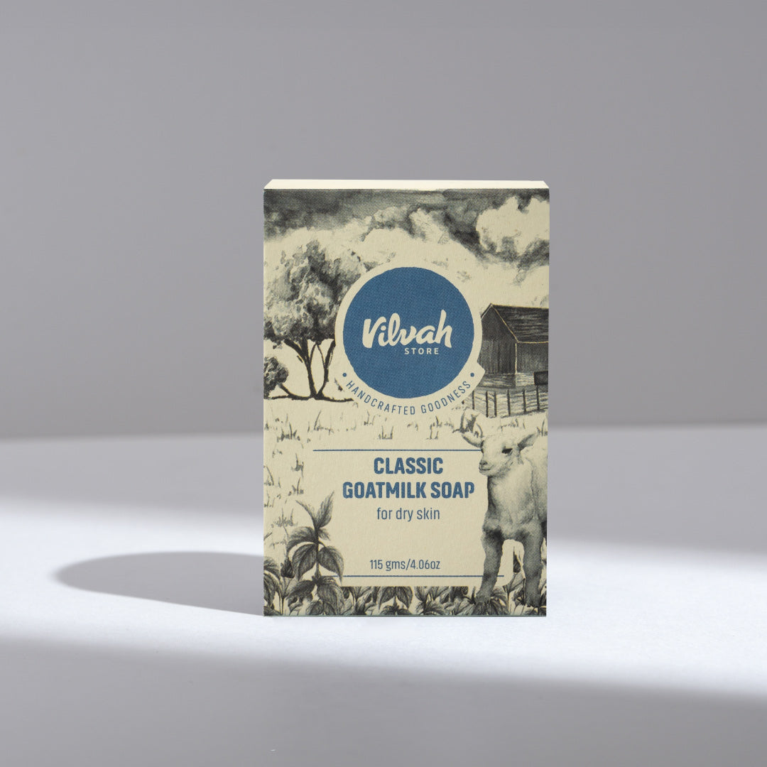 Vilvah Classic Goatsmilk Soap packaging on a gray background