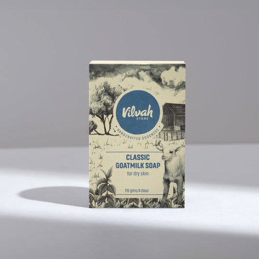 Vilvah Classic Goatsmilk Soap packaging on a gray background