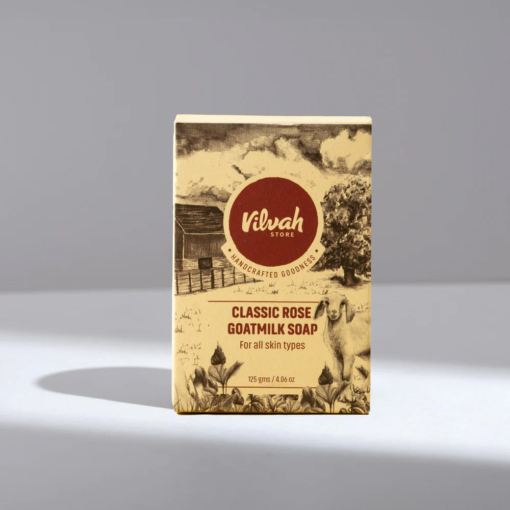 Vilvah Classic Rose Goatsmilk Soap packaging on a gray background