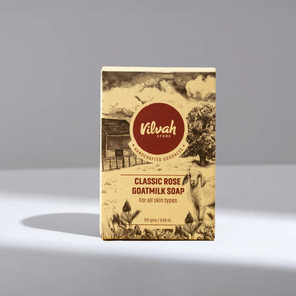 Vilvah Classic Rose Goatsmilk Soap packaging on a gray background