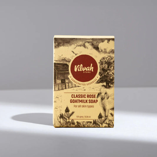 Vilvah Classic Rose Goatsmilk Soap packaging on a gray background