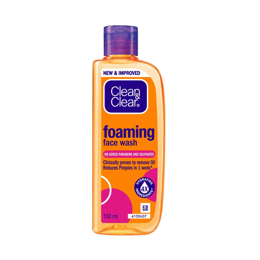 A bottle of Clean & Clear Foaming Face Wash, 150 ml, with orange and white label, indicating it reduces pimples in 1 week.