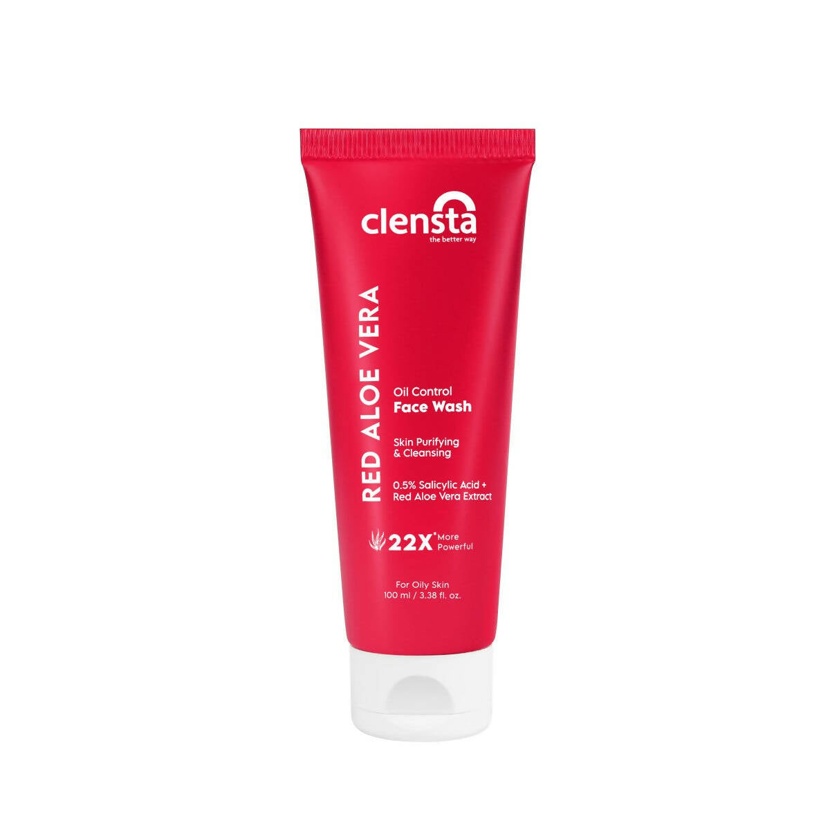 Red tube of Clensta Red Aloe Vera Face Wash on a white background