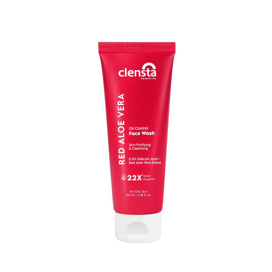 Red tube of Clensta Red Aloe Vera Face Wash on a white background
