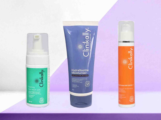 Three Clinkally skincare products on a white and purple gradient background