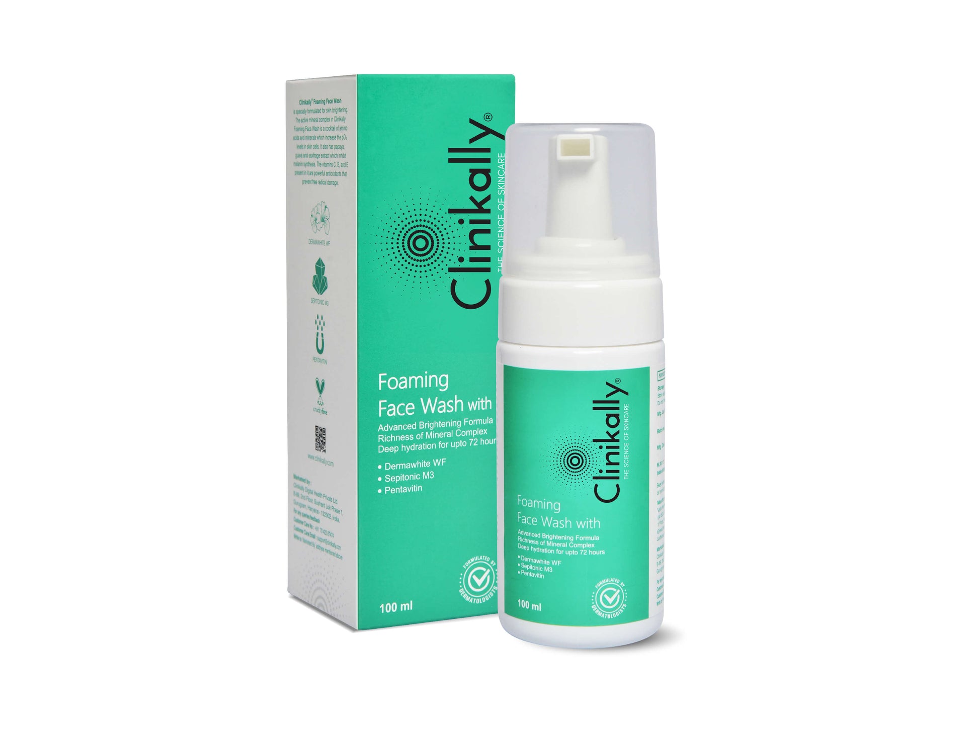 Clinikally foaming face wash bottle and packaging on a white background