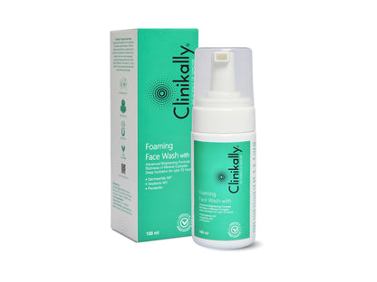 Clinikally foaming face wash bottle and packaging on a white background