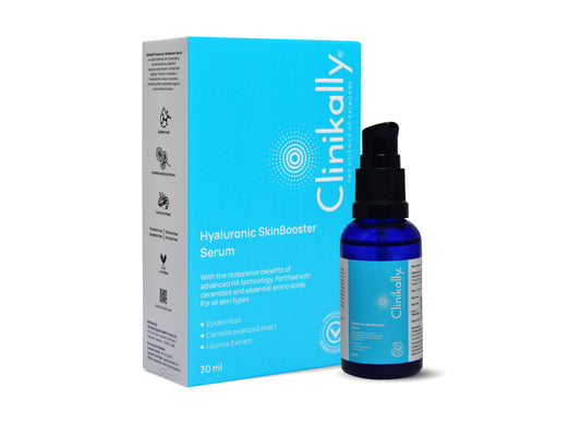 Clinikally Hyaluronic Skin Booster Serum bottle and packaging on a white background