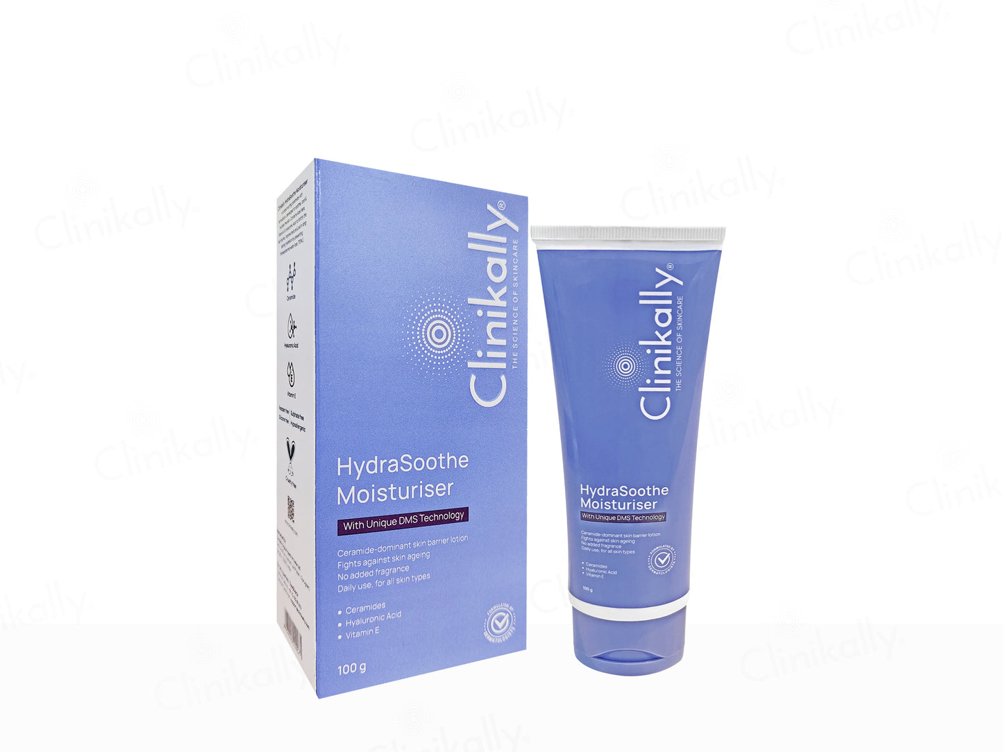 Clinikally HydraSoothe Moisturiser packaging and tube on a white background