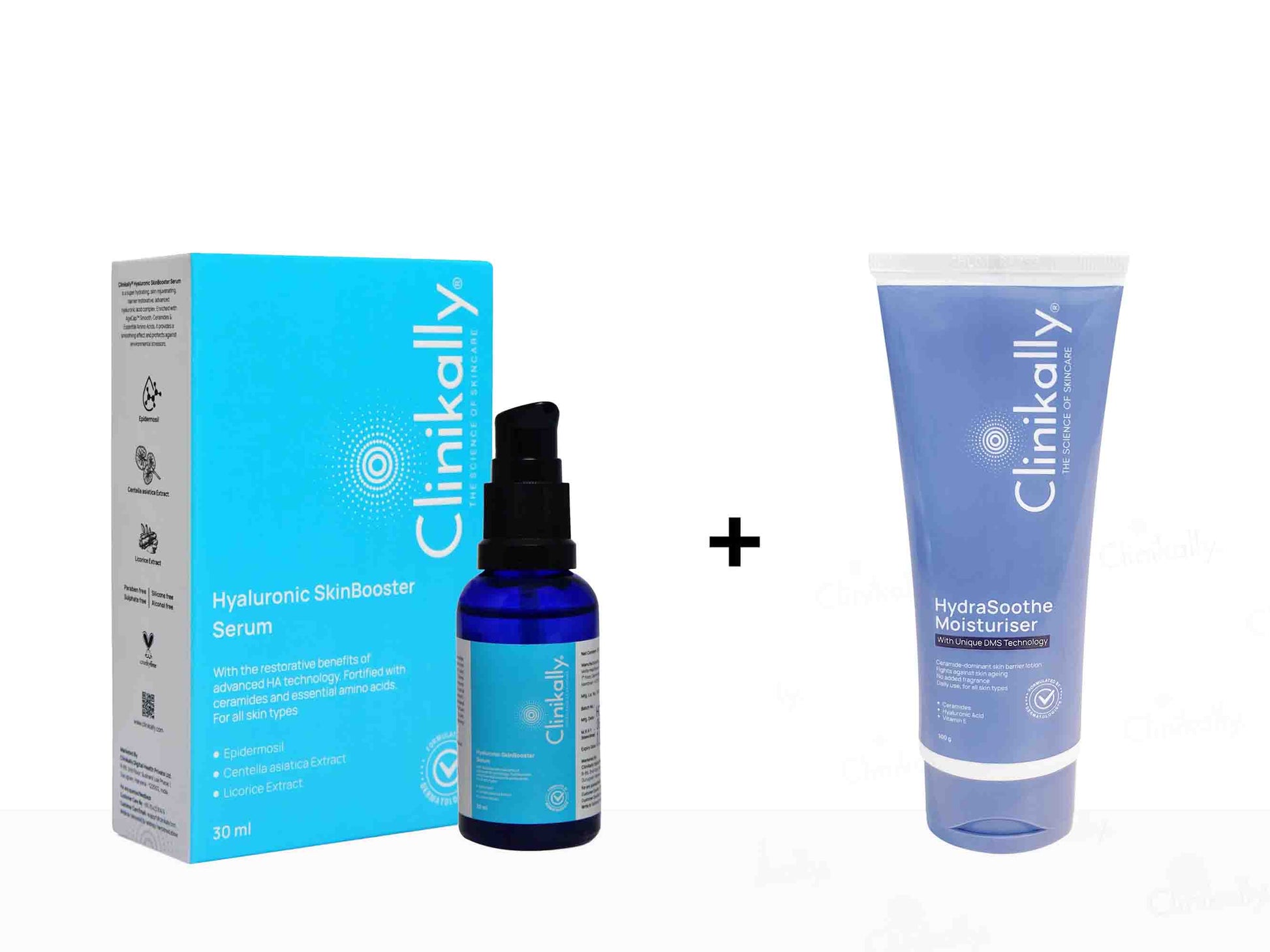 Clinikally skincare products including serum, bottle, and moisturizer on a white background