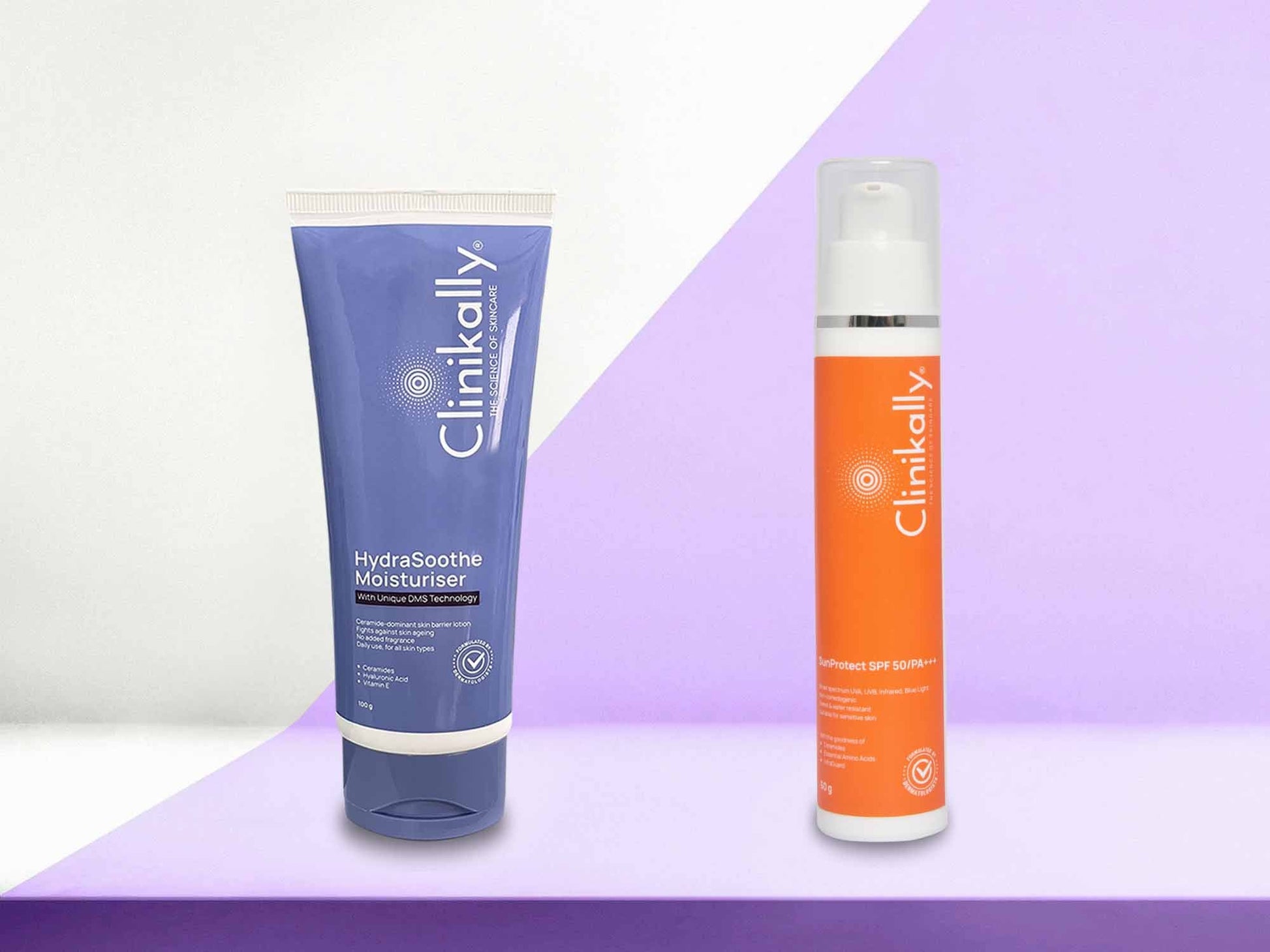 Clinikally skincare products on a gradient purple background