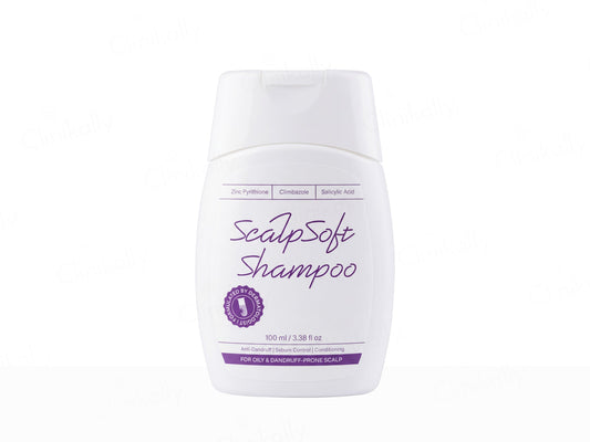 Shampoo bottle labeled 'ScalpSoft Shampoo' on a white background