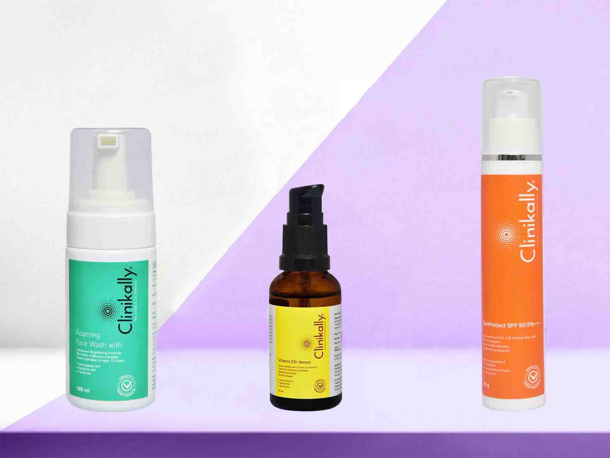 Three Clinkally skincare products on a gradient purple background