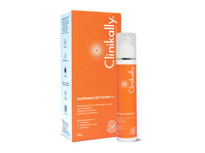 Clinikally SunProtect SPF 50+ PA+++ bottle and packaging on a white background