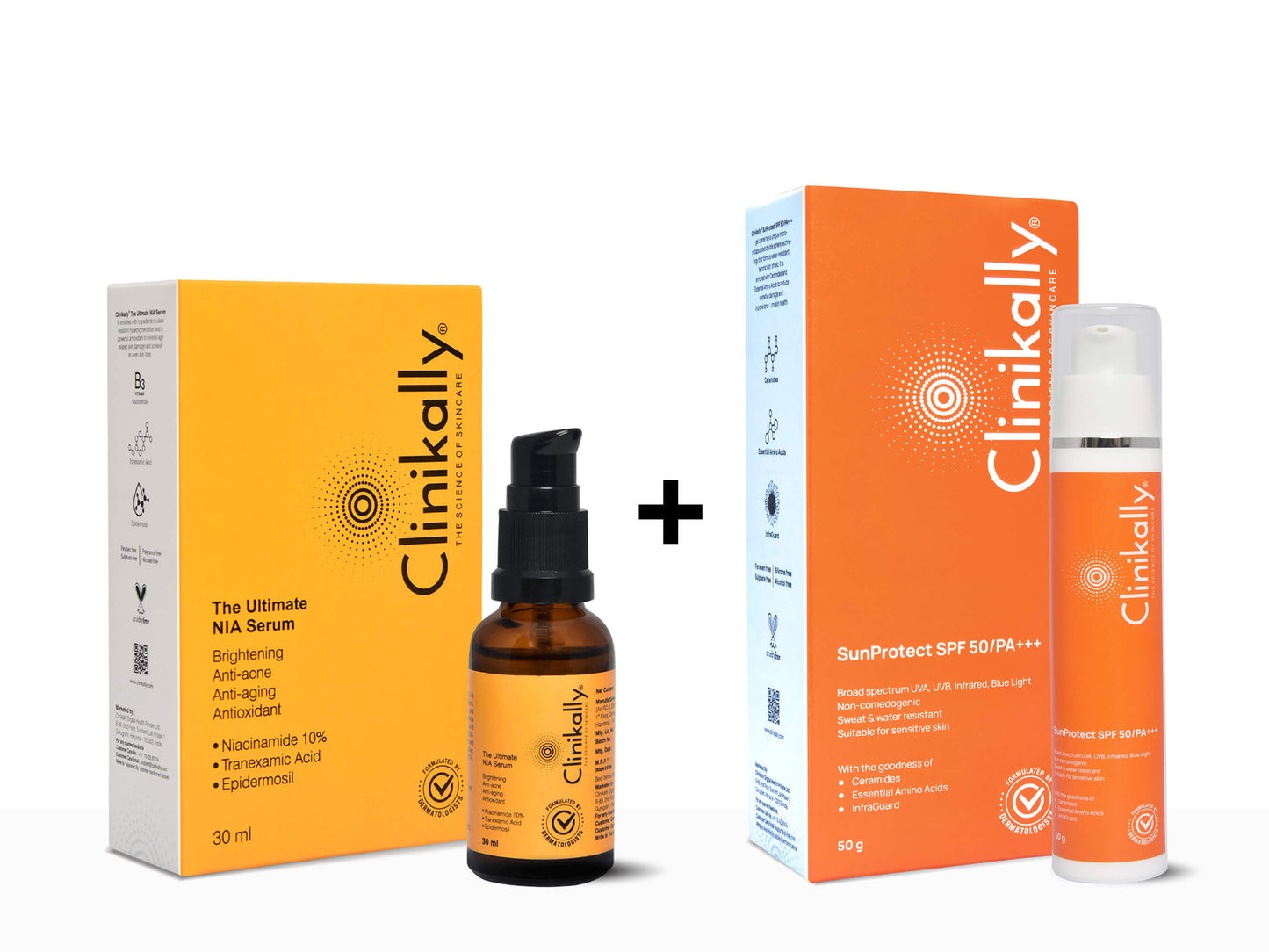 Clinkally skincare products including serum, bottle, and sun protectant on a white background