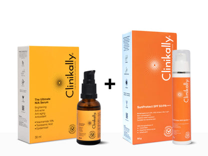 Clinkally skincare products including serum, bottle, and sun protectant on a white background