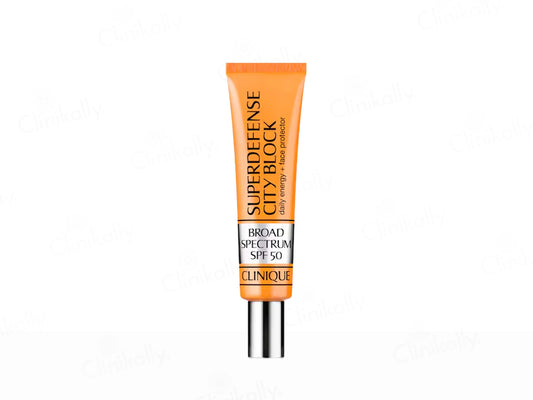 Clinique Superdefense City Block Broad Spectrum SPF 50 sunscreen tube on a white background