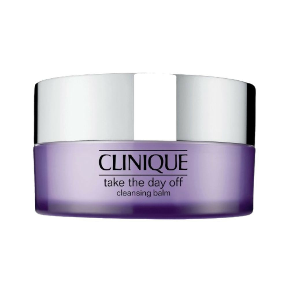 Clinique cleansing balm jar with purple base and silver lid on a white background