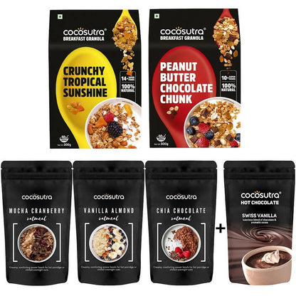 Cocosutra breakfast granola and oatmeal packages on a white background