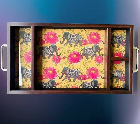 Wooden tray with fabric panels featuring elephants and flowers on a blue background