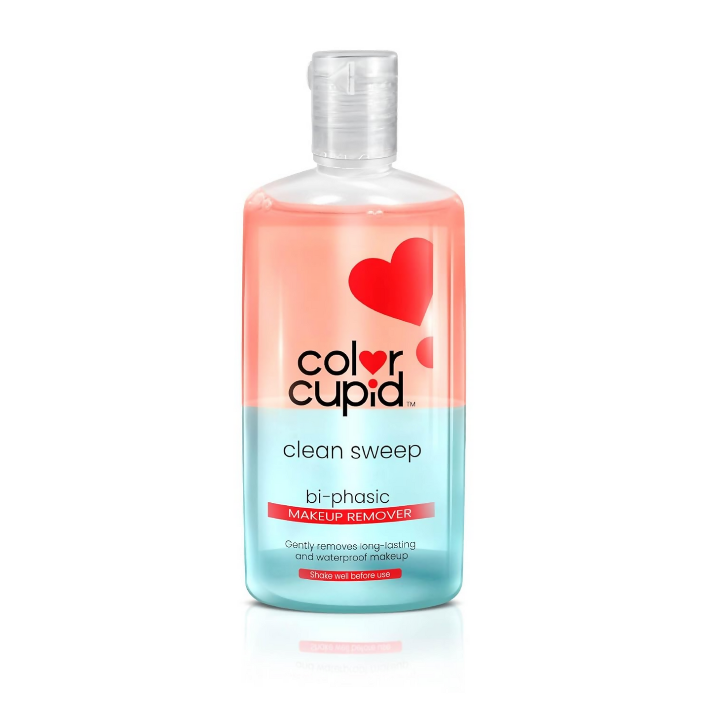 Bottle of ColorCupid makeup remover with a heart design on a white background