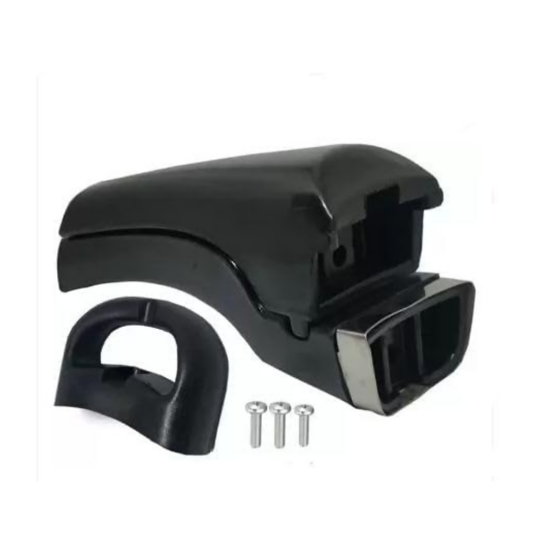 Black plastic car part with screws on a white background