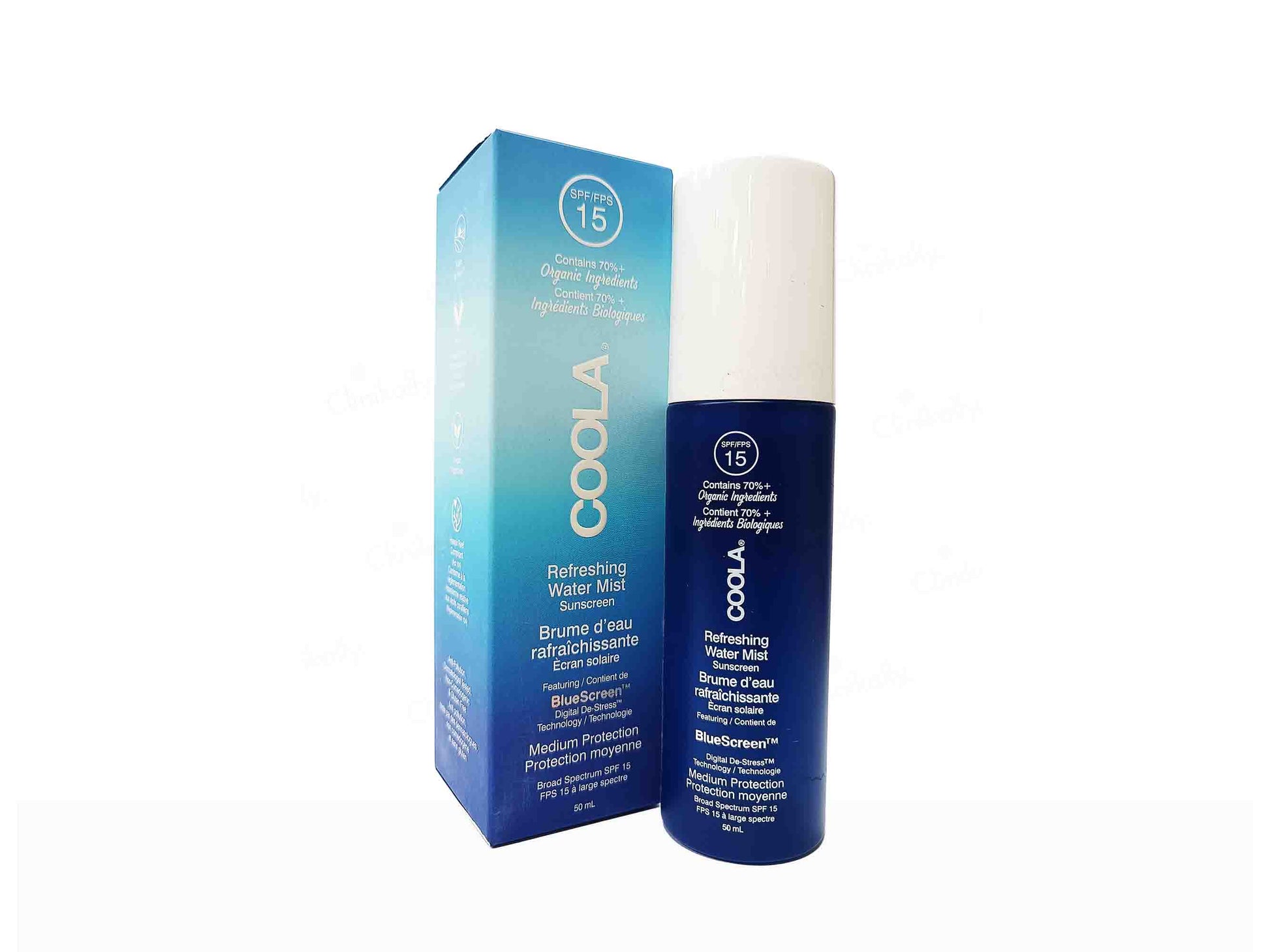 Coola refreshing water mist bottle and packaging on a white background