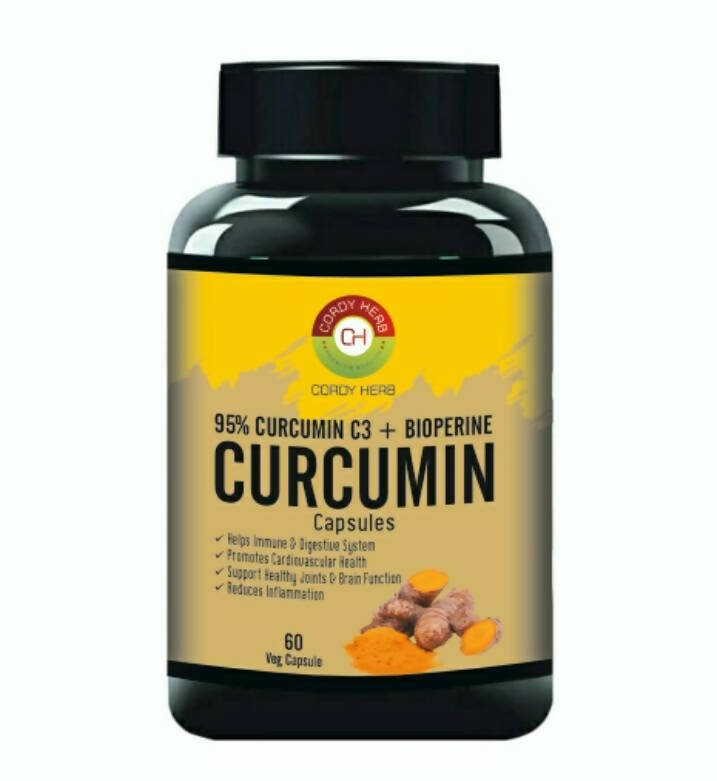 Curcumin supplement bottle with yellow label on a white background