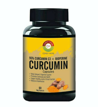 Curcumin supplement bottle with yellow label on a white background