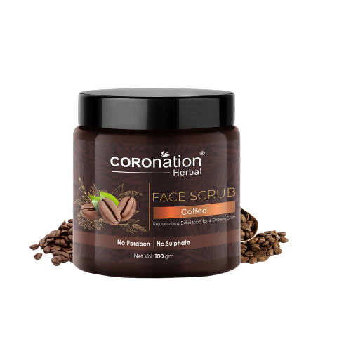 Jar of Coronation Herbal Coffee Face Scrub with coffee beans on a white background