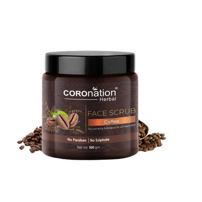 Jar of Coronation Herbal Coffee Face Scrub with coffee beans on a white background