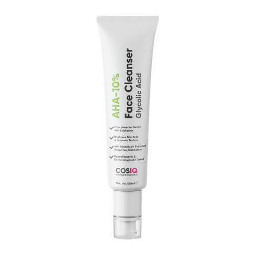 CosIQ AHA-10% Glycolic Acid Face Cleanser tube on a white background