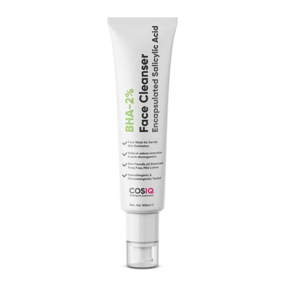 CosIQ BHA-2% Face Cleanser tube on a white background