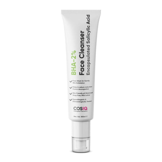 CosIQ BHA-2% Face Cleanser tube on a white background