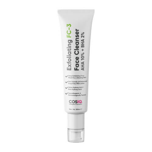 Cosmetic tube labeled 'Exfoliating FC-3 Face Cleanser' by COSIQ on a white background