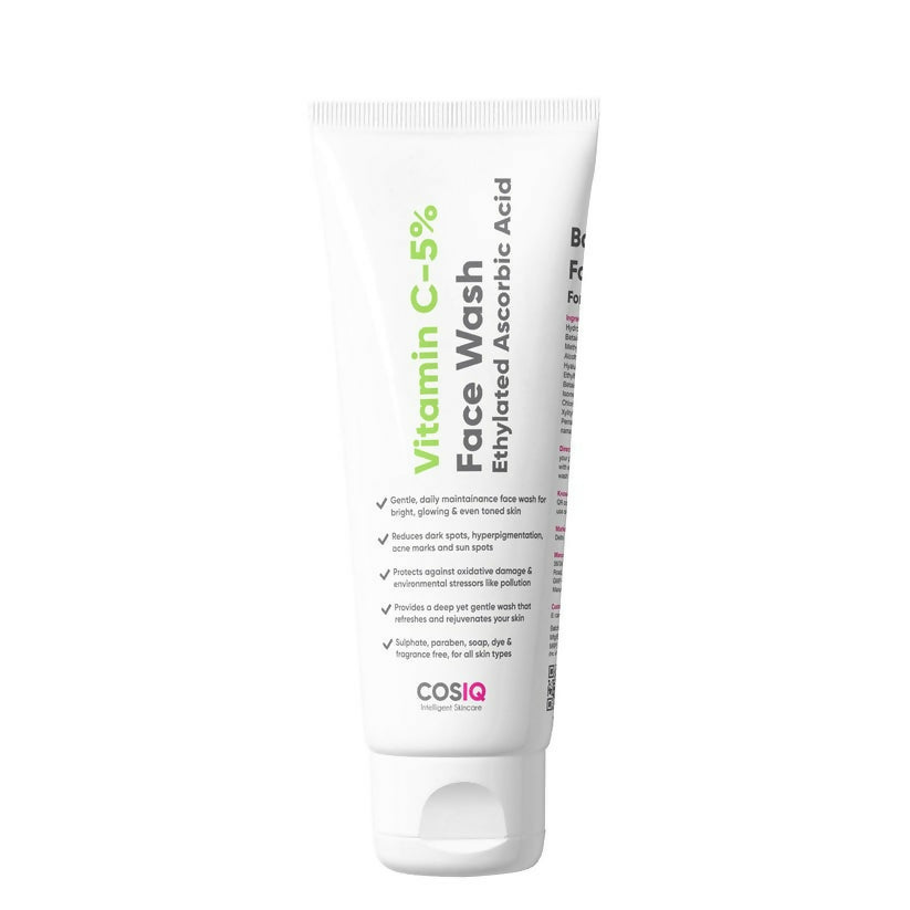 Cosmetic tube of Vitamin C-5% Face Wash by COSiQ on a white background
