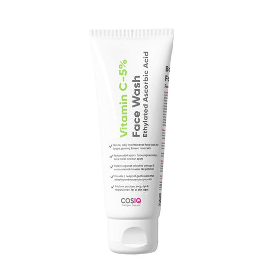 Cosmetic tube of Vitamin C-5% Face Wash by COSiQ on a white background