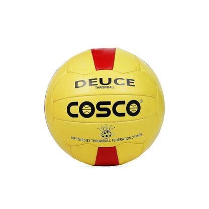 Yellow and red throwball with 'Deuce' and 'Cosco' branding on a white background