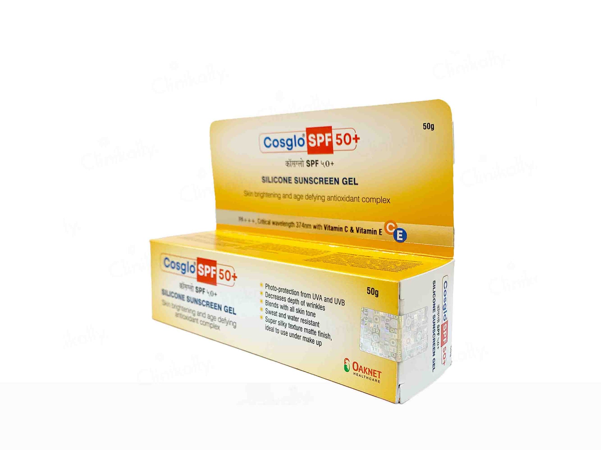 Cosglow SPF 50+ silicone sunscreen gel packaging on a white background