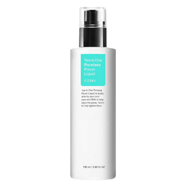 A bottle of Cosrx Two in One Poreless Power Liquid with a white and blue label, indicating it is a skincare product.