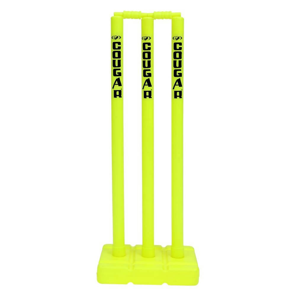 Yellow cricket stumps with 'Cougar' branding on a white background