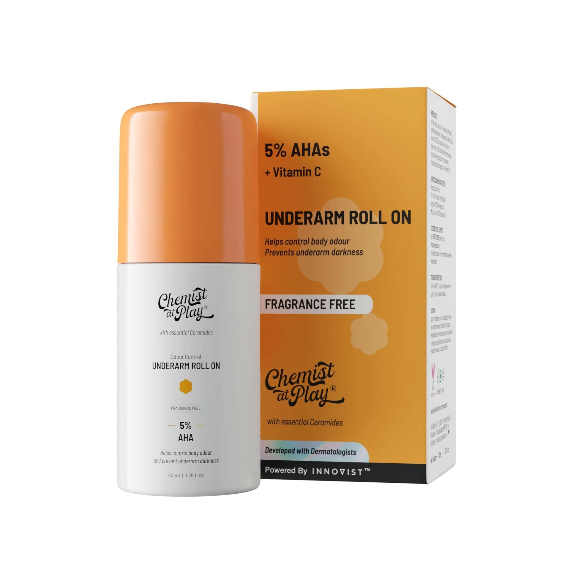 Chemist at Play UnderArm Roll On Fragrance Free, Prevents Body Odour, Brightens Skin & Exfoliates Underarm