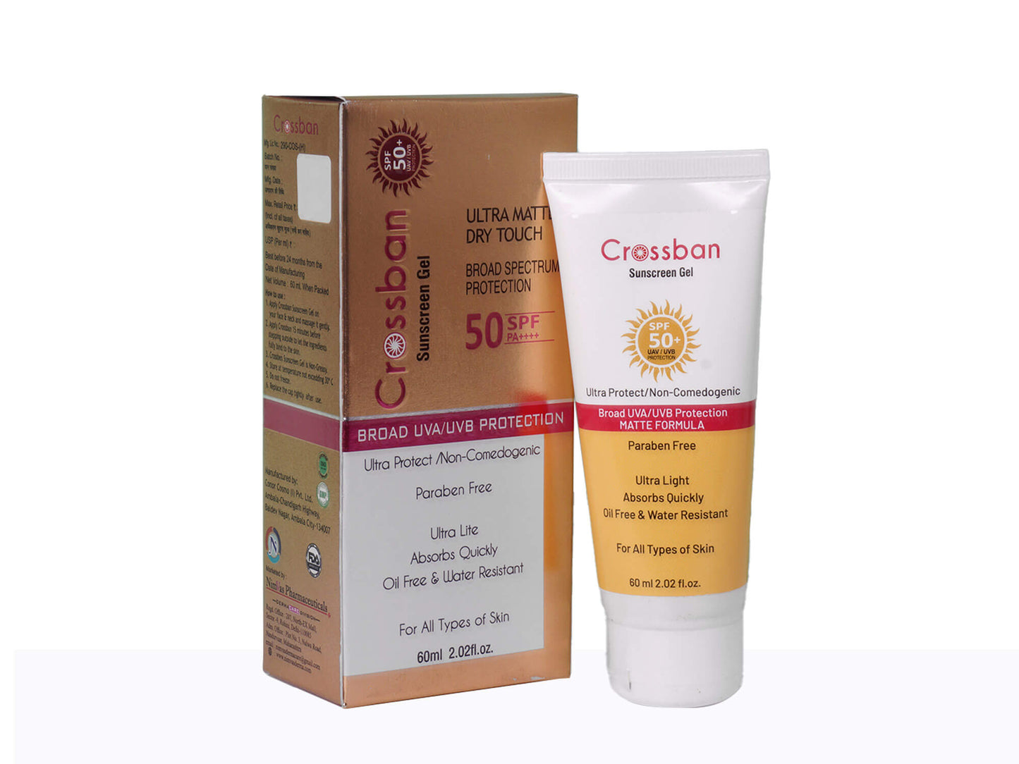 Crossban sunscreen gel tube and packaging on a white background