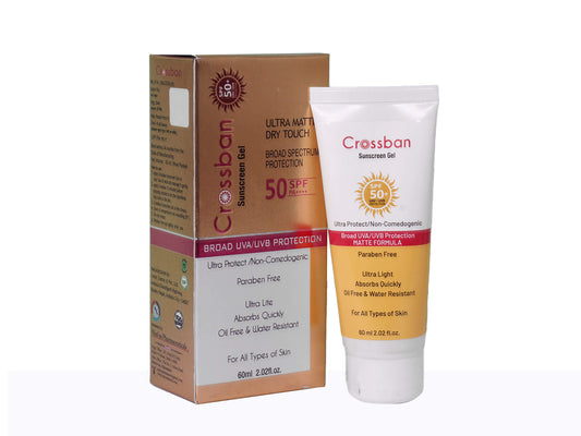 Crossban sunscreen gel tube and packaging on a white background