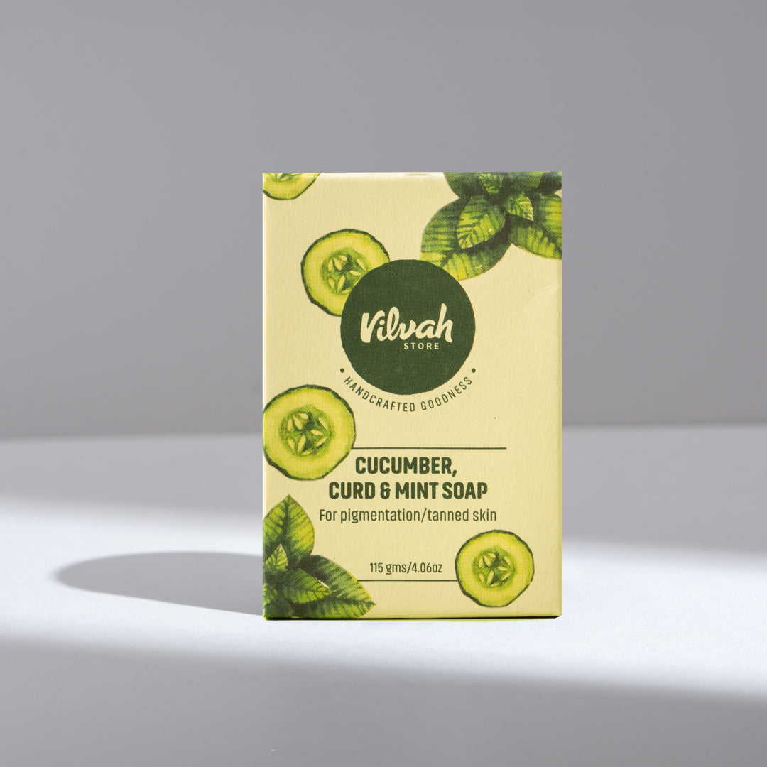Kilvah cucumber, curd & mint soap packaging on a gray background
