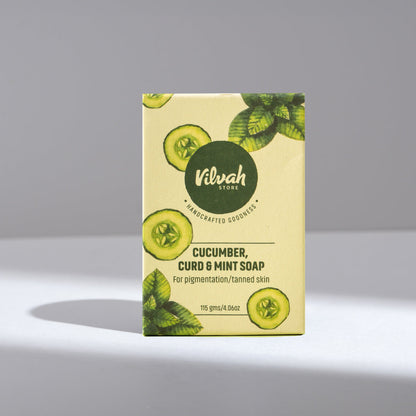Kilvah cucumber, curd & mint soap packaging on a gray background