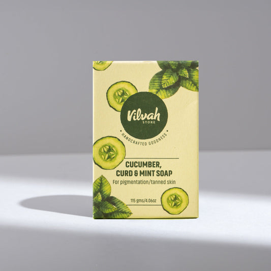 Kilvah cucumber, curd & mint soap packaging on a gray background
